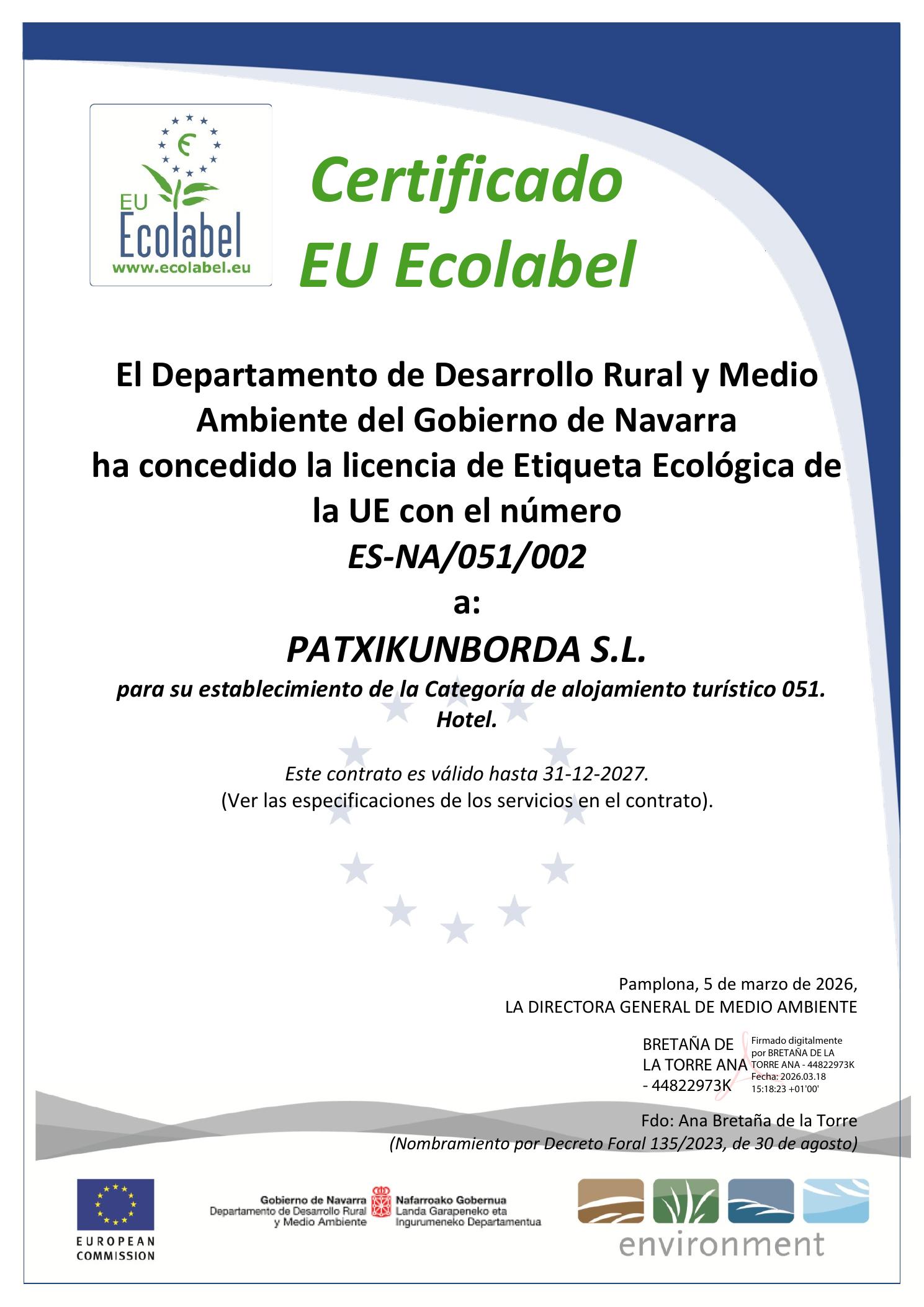 EU Ecolabel Certificado Arantza Hotela 2026